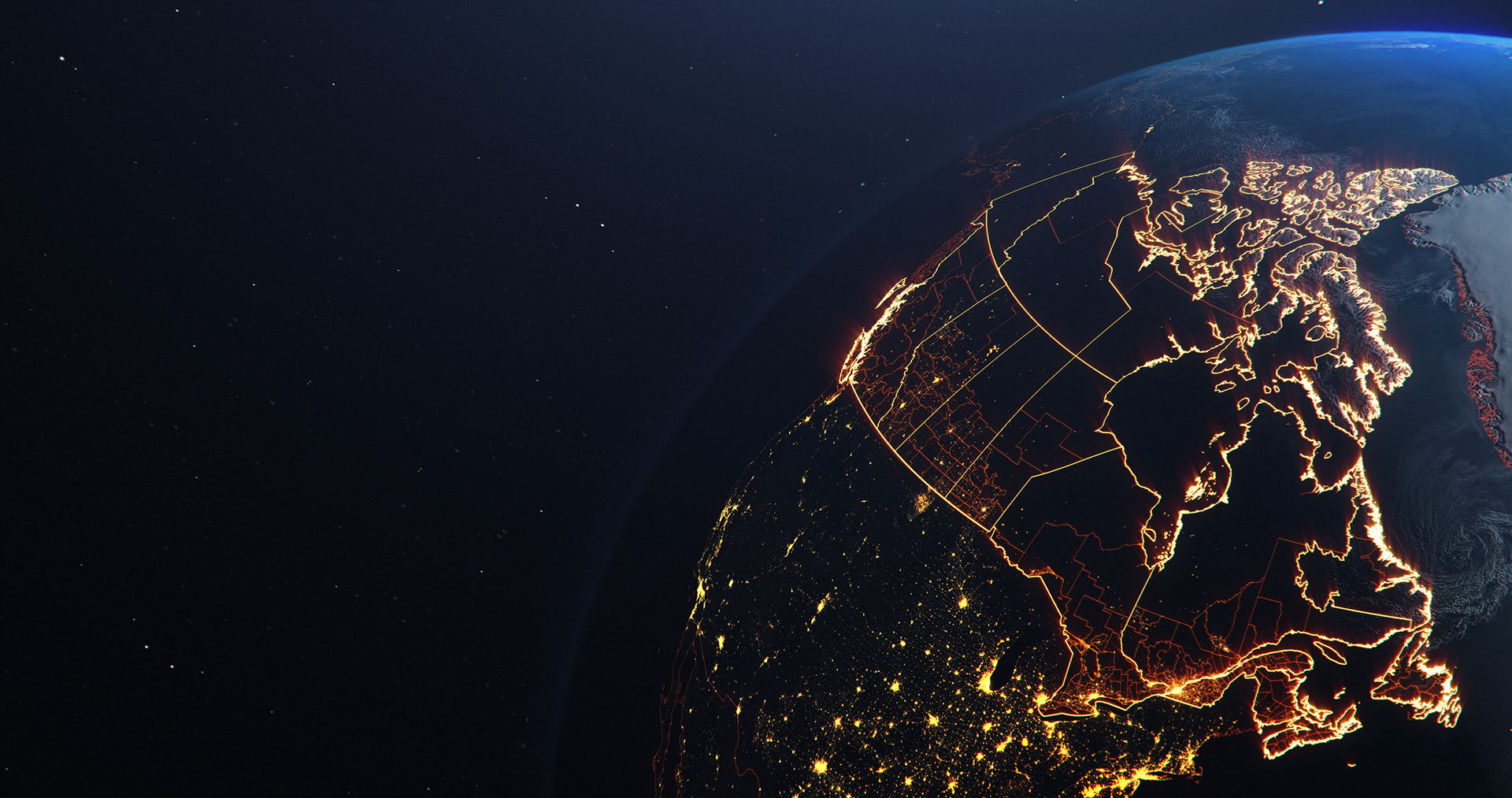 Canada map outline view from space, globe planet earth, red glow